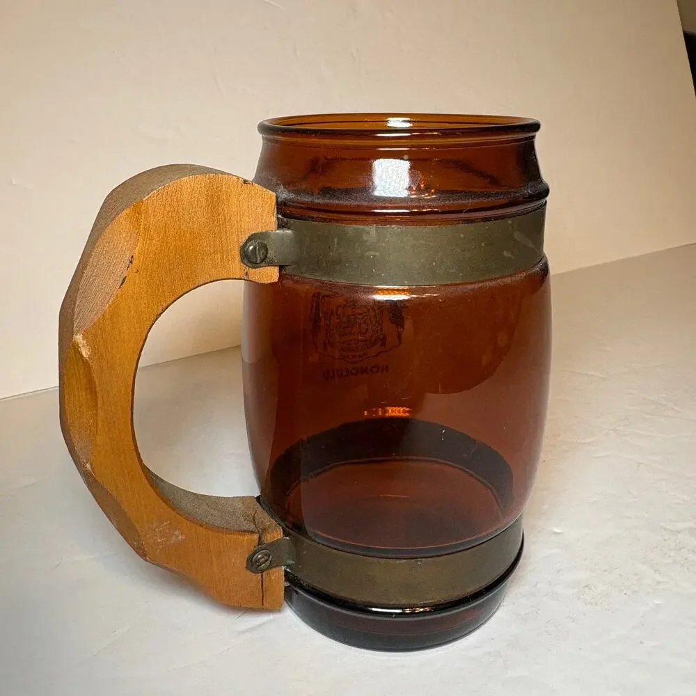 Vintage Honolulu Souvenir Brown Glass Barrel Mug Wood Handle